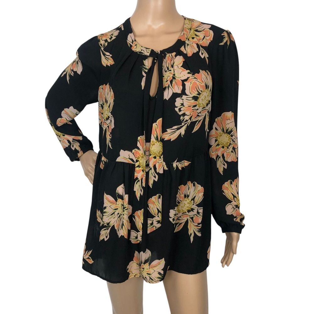 DR2 Daniel Rain Peasant Top Floral Print Tie Neck Long Sleeve Shirt‎ Boho 70s M